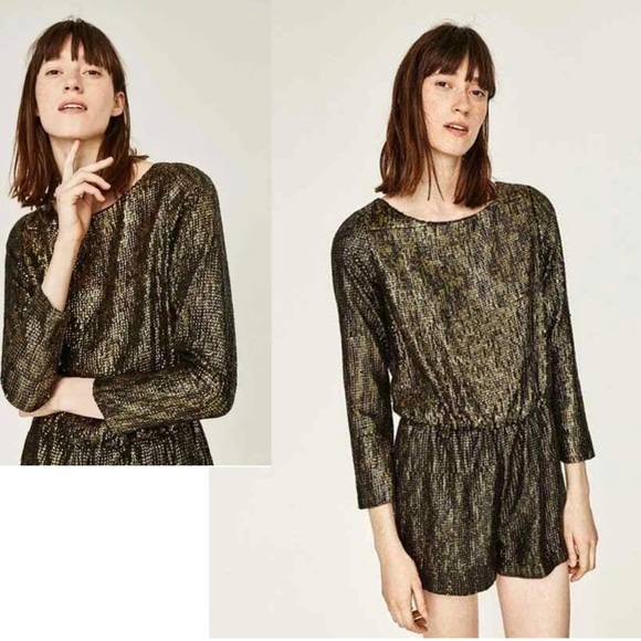 ZARA evening collection gold black metallic sequin long sleeve romper Sz XS - Picture 3 of 15